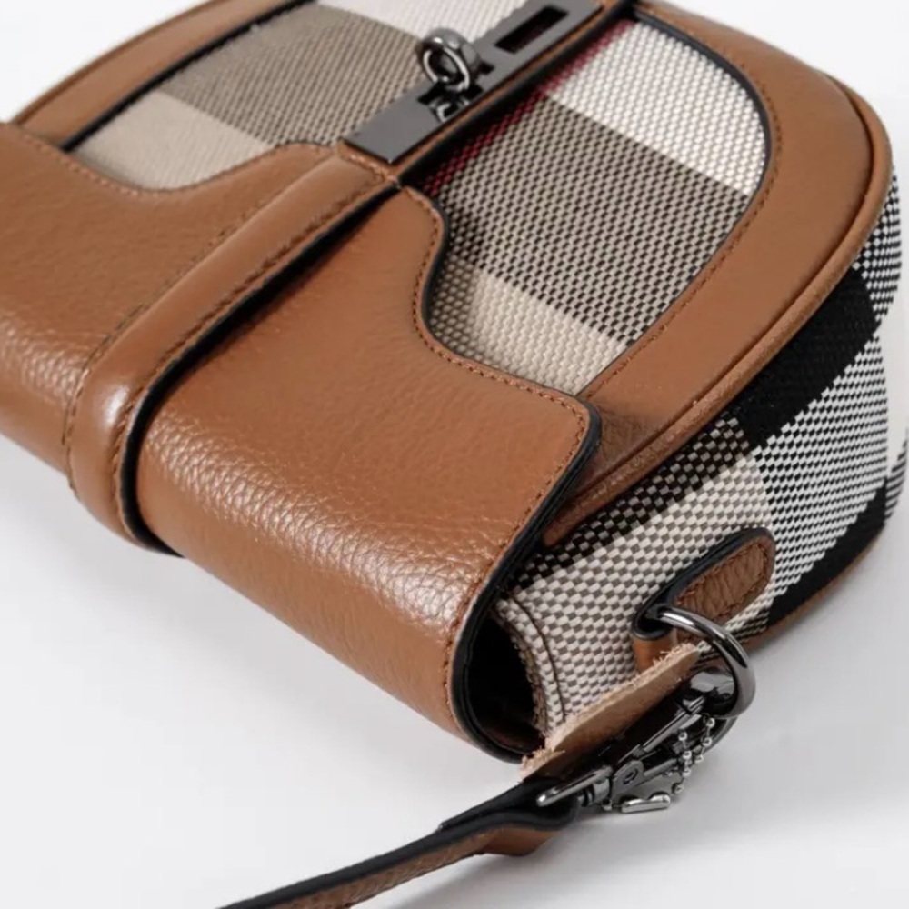 Genuine Leather and Woven Checked Mini Crossbody - Picture 6 of 15